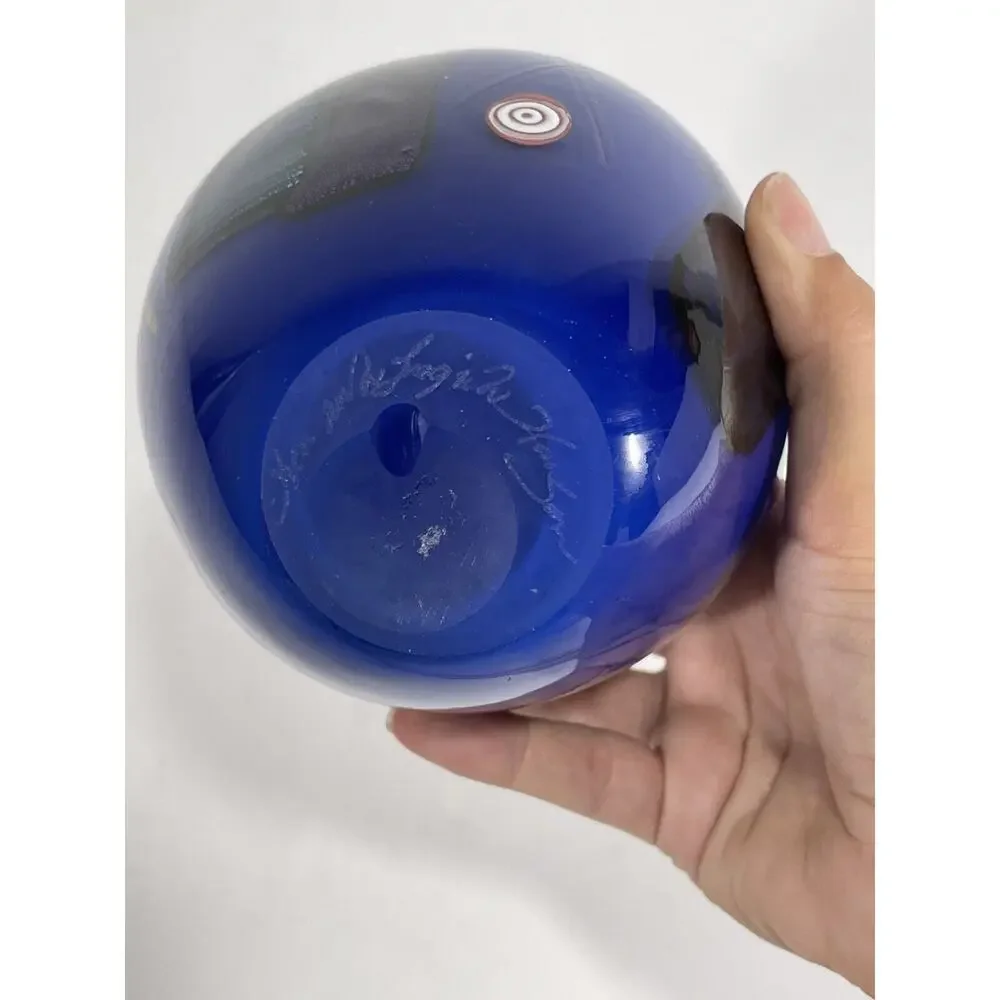 KEN & INGRID HANSON Signed Hand‎ Blown Cobalt Blue Art Glass Hand Painted Vase